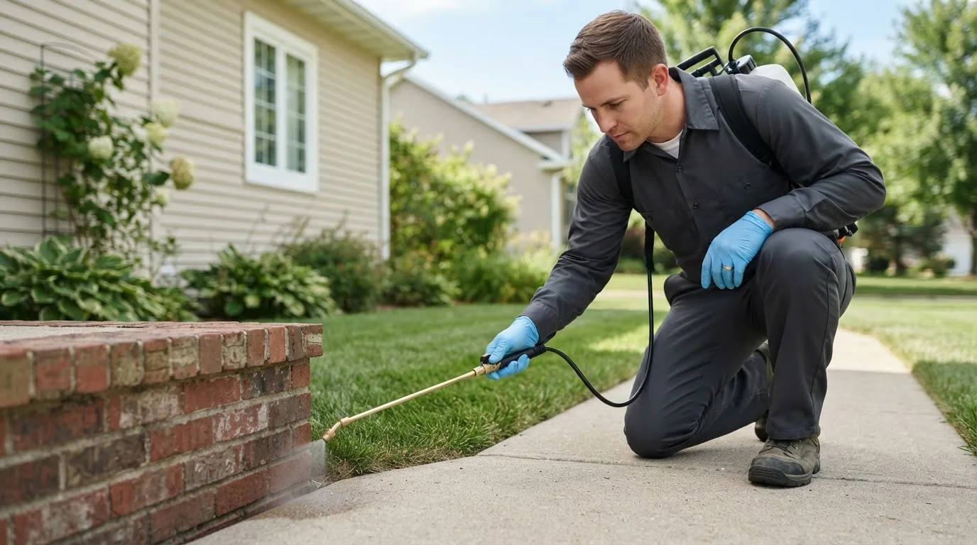 Pest control technician treating a home near Bondville, IL
