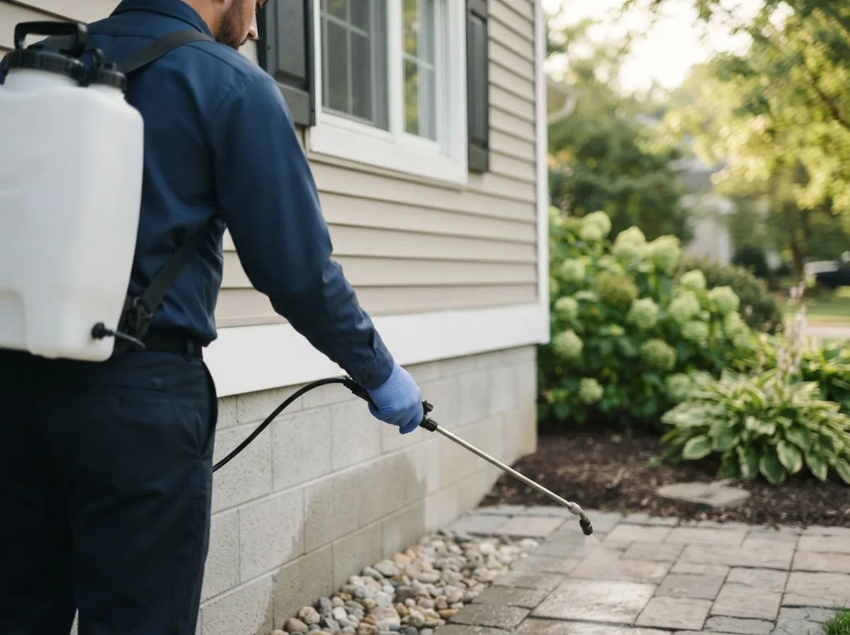 Pest control technician inspecting a home in Bondville, IL